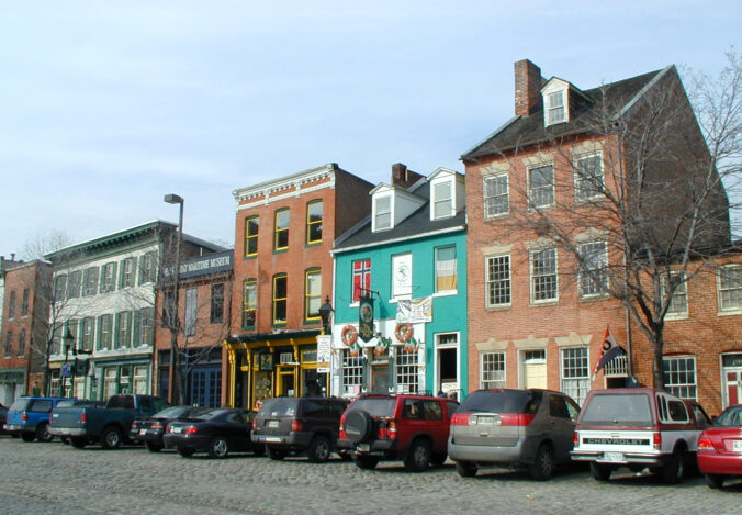 View of Thames St in Fells Point, Baltimore Maryland
